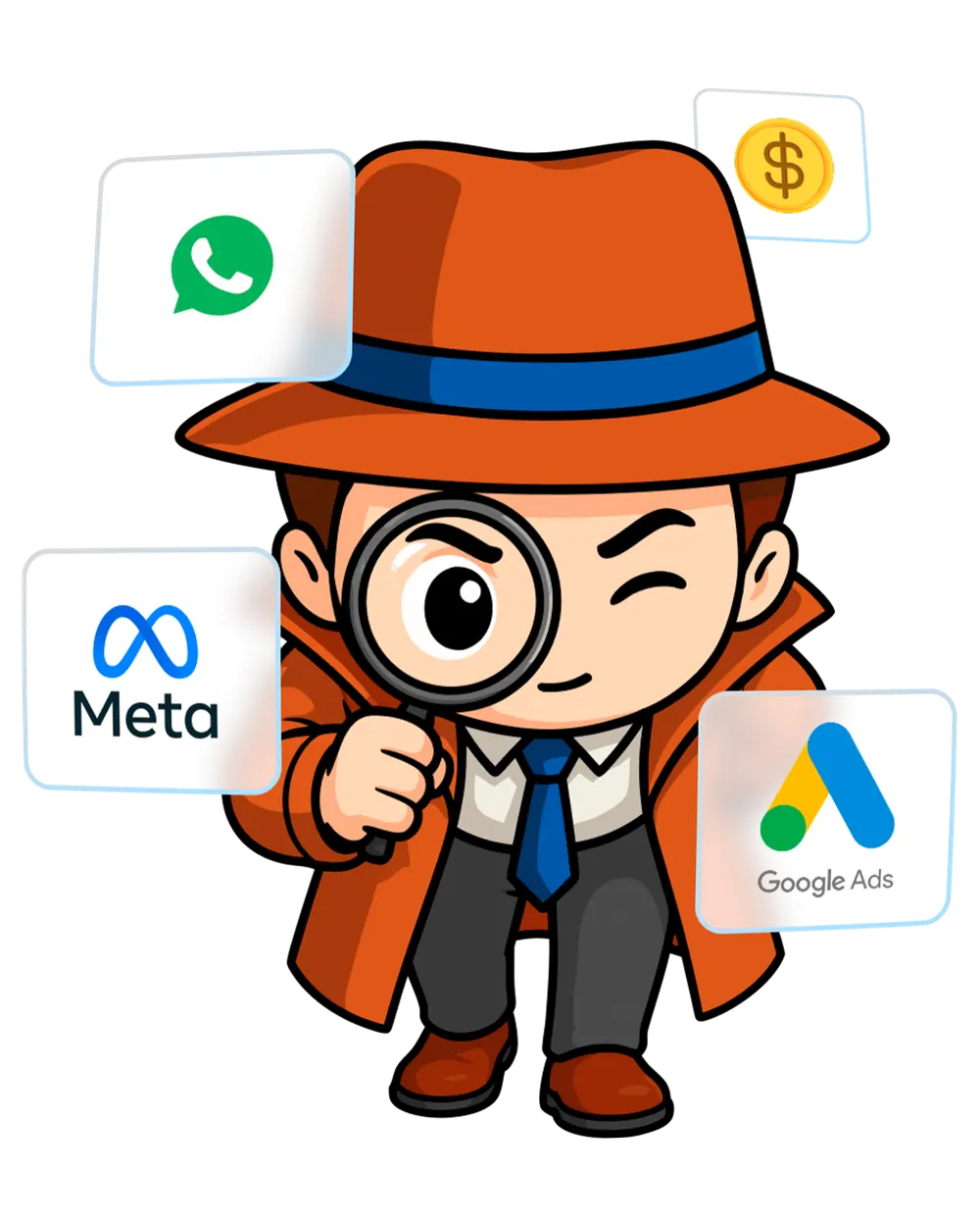 Mascote detetive do Tintim conectando WhatsApp, Meta Ads e Google Ads